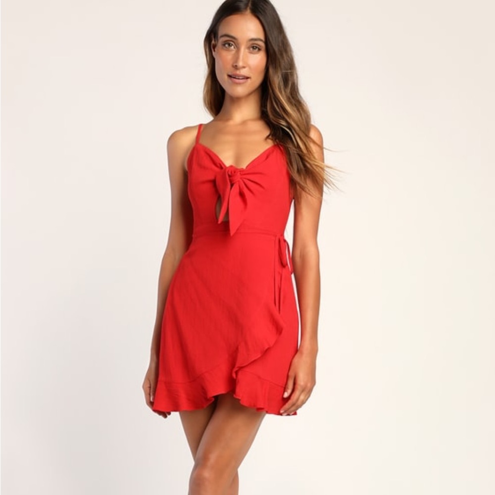 Lulus Total Sun-Sation Red Ruffled Tie-Front Faux Wrap Mini Dress